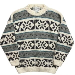 Vtg Del Mundo Handmade Ecuador 100% Wool Snowflake Nordic Chunky Sweater OS